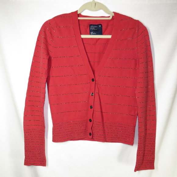 Women's Size Medium American Eagle Outfitters Red Striped V-Neck SweaterCardigan - Picture 3 of 7